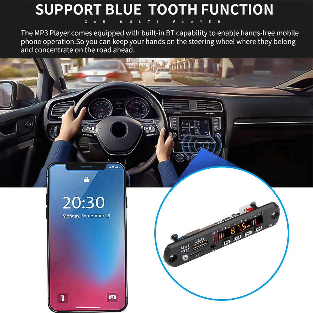 Kebidumei Wireless Bluetooth 5.0 MP3 Decoder Board 12V FM Radio Player Support TF / AUX/ U Disk Interface Audio Module with 15W*2 Amplifier