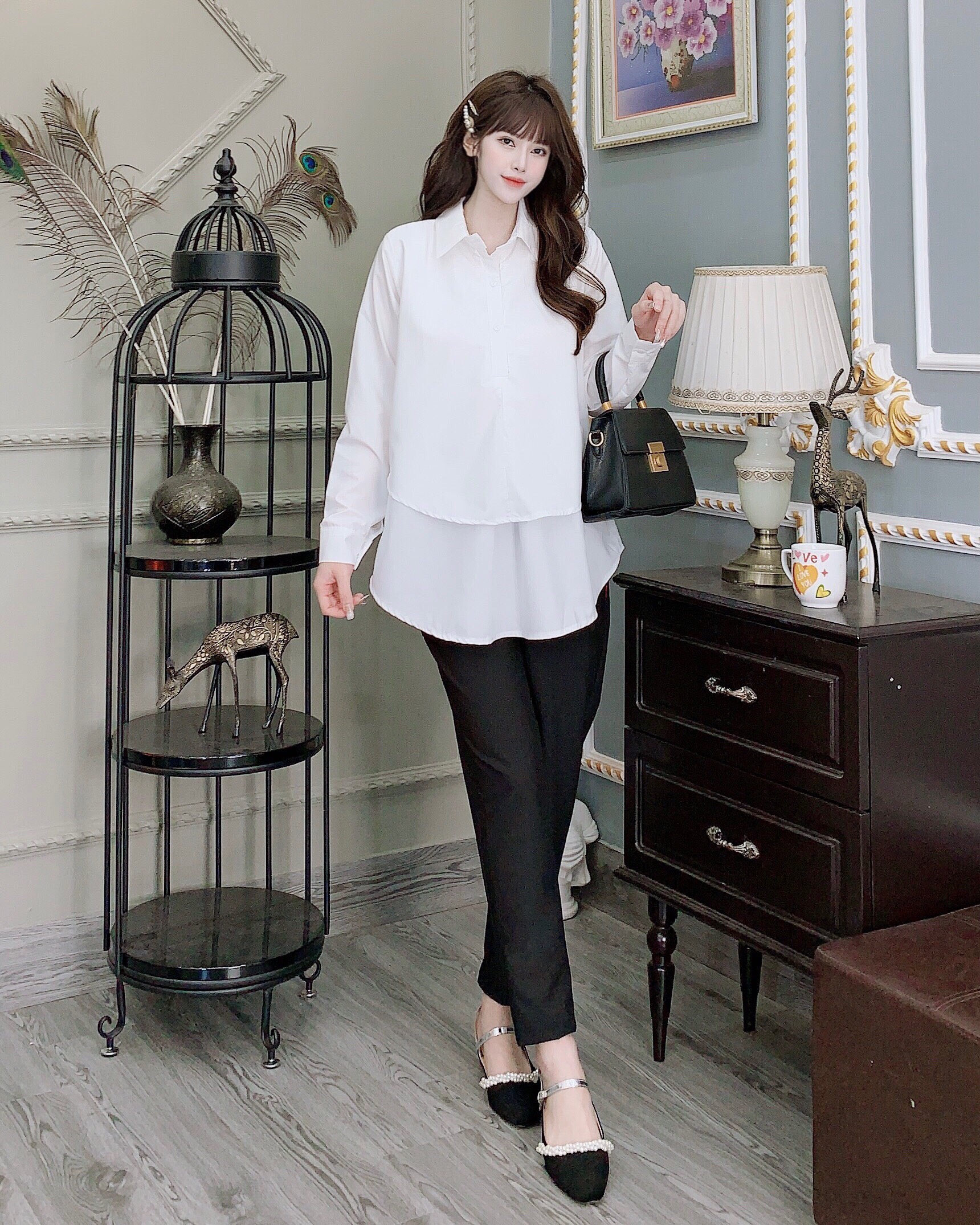 Áo bầu sơ mi công sở dài taychất đũi
