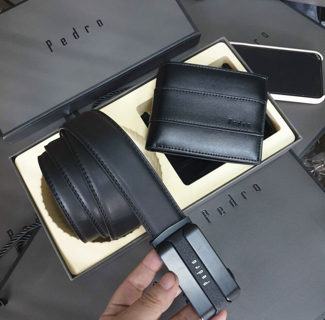 Set Ví Thắt Lưng PEDRO nam full box, túi giấy hàng [TẶNG KÈM CARDHOLDER]