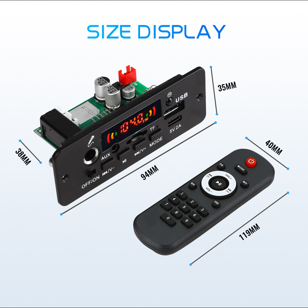 KEBIDU Máy nghe nhạc MP3 Bluetooth 5.0 giải mã 2x40W khuếch đại DC 12V Ghi âm cuộc gọi MP3 mic chức năng