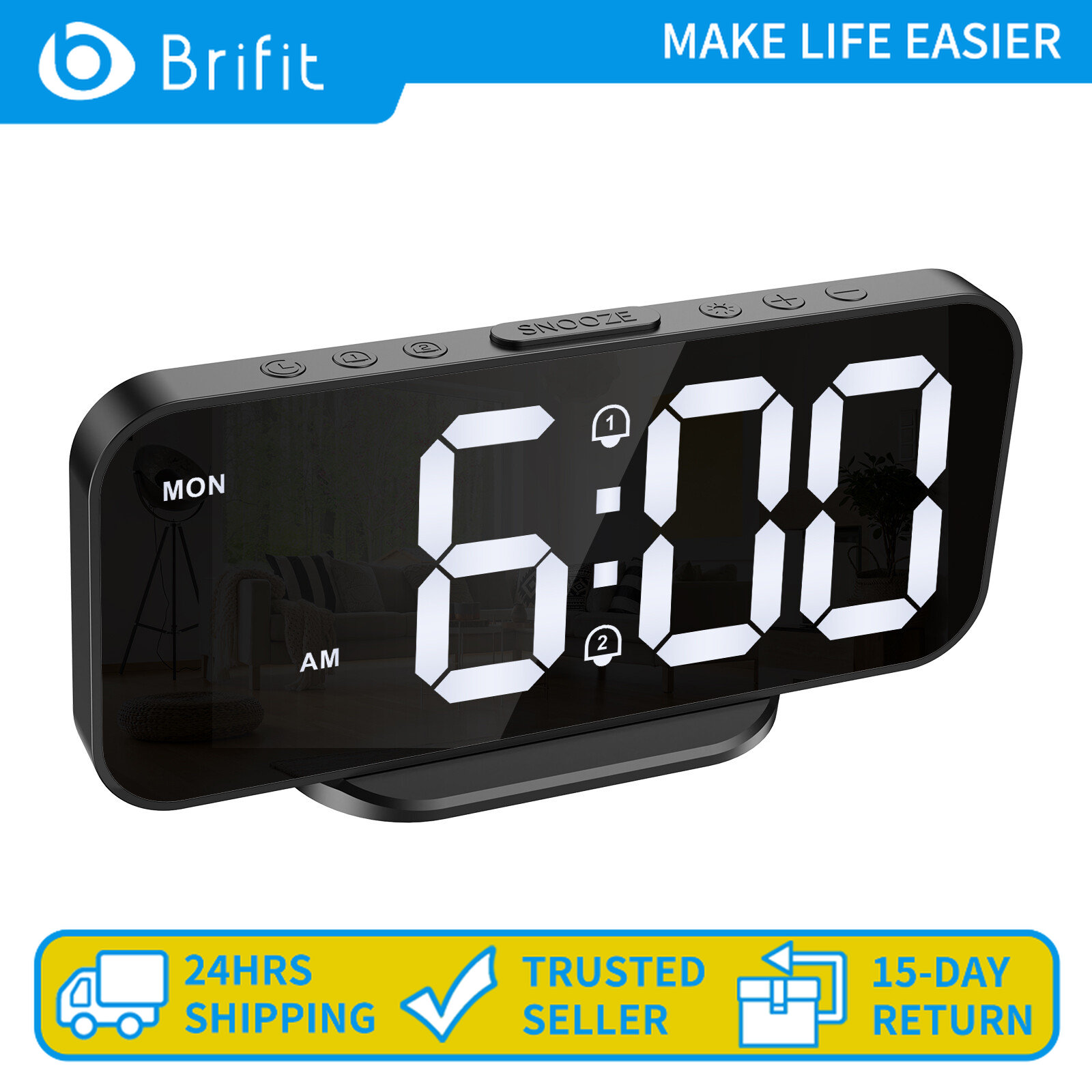 Brifit 6,7in Đồng hồ báo thức kỹ thuật số LED Đồng hồ điện tử gương HD Chuyển đổi 12/24 giờ, Chức năng báo lại, 4 mức điều chỉnh độ sáng, Chế độ ban đêm, Usb chạy, Thích hợp cho phòng ngủ, phòng khách, văn phòng, làm quà tặng