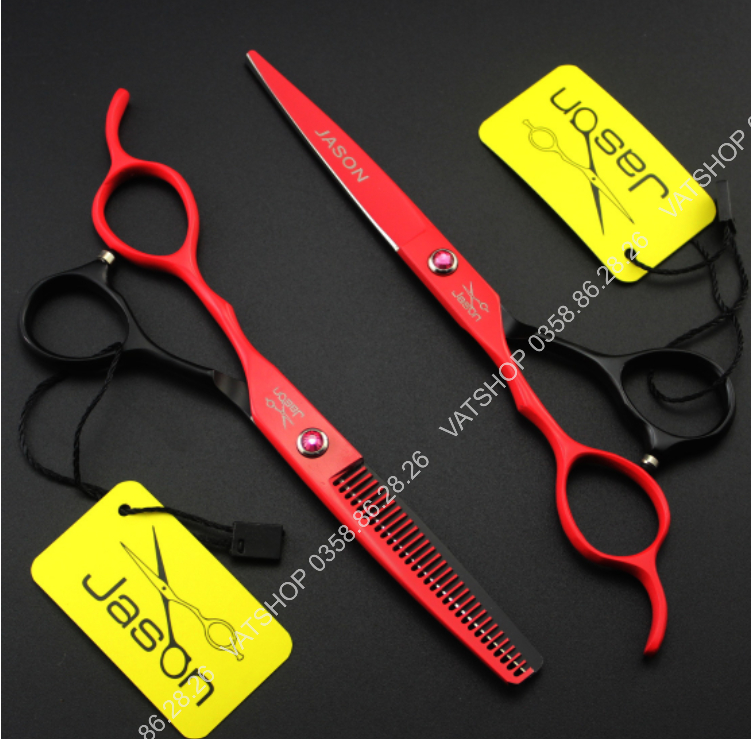 Bộ kéo cắt tóc tay trái Jason cao cấp đỏ đen (Mua 1 cặp tặng bao da, chỉnh kéo, lược)