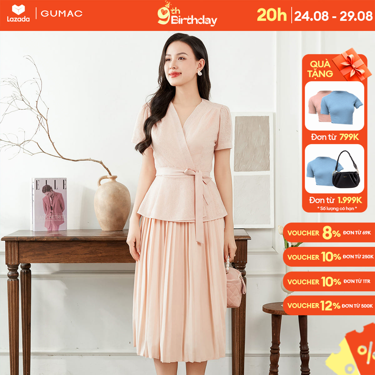 Set lẻ áo kiểu peplum cổ tim thời trang gumac ae01088 - chân váy dập ly gumac ve01087