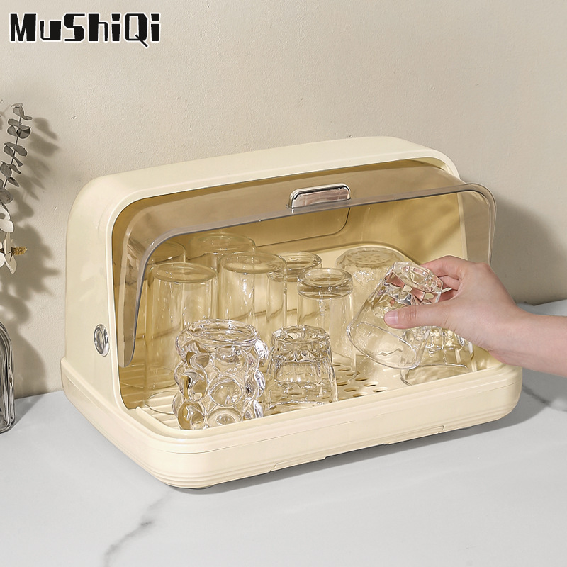MUSHIQI [Miễn Phí Vận Chuyển]Nhà bếp để ráo Bát Rack với nắp nhựa tủ Bộ đồ ăn hộp lưu trữ teacup khay thoát Giá giữ ly giá giữ ly
