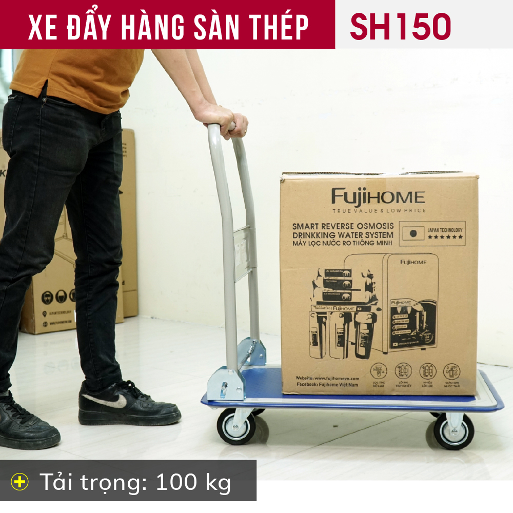 Xe đẩy hàng 4 bánh gấp gọn 100kg Nhập Khẩu CN Nhật Bản Fujihome SH150, bánh cao su siêu bền chống ồn, xe kéo hàng sàn thép gấp gọn đa năng xếp gọn - Bảo hành 1 năm