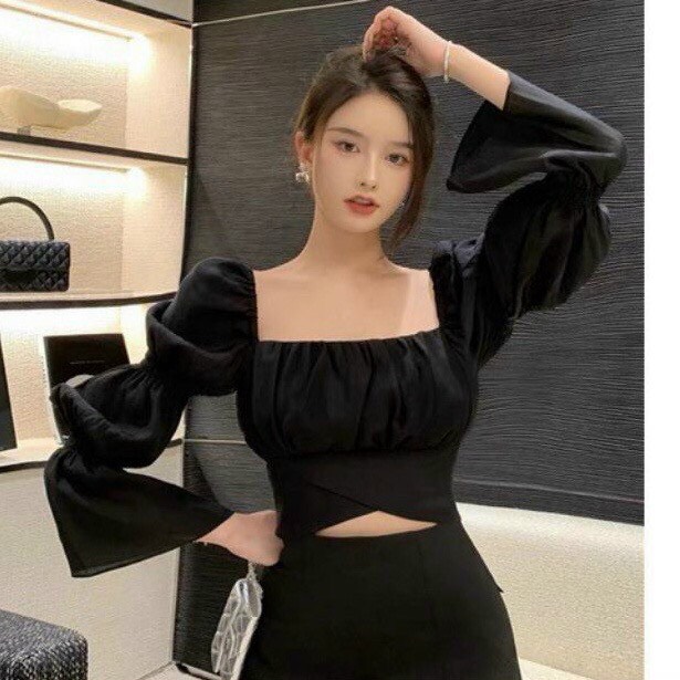 Áo Croptop Voan Tay Dài Cổ Vuông