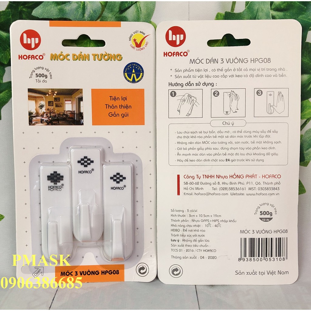 Móc treo dính tường bằng nhựa cao cấp HOFACO - Móc 3 vuông HPG08 – Móc dán dính tường tiện lợi, đa năng