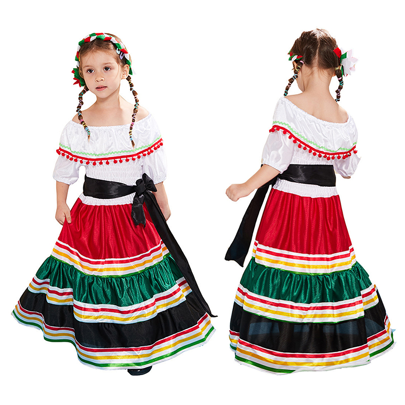 lily'sshop Kids Girls Halloween Costume Traditional Mexican Dress with Belt  and Cute Headband for Toddler Party Cosplay Outfit