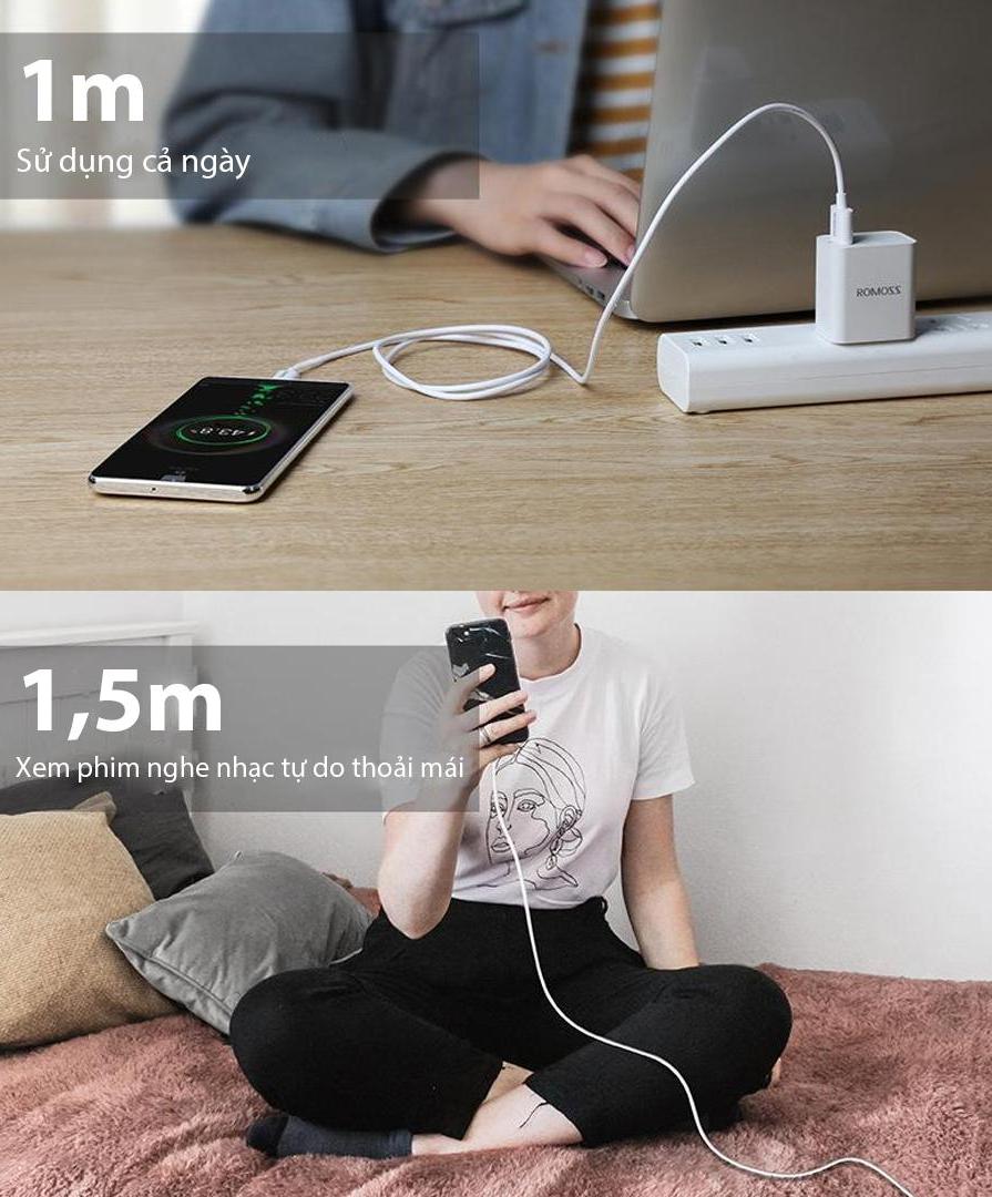 Cáp sạc nhanh Romoss, cáp sạc CB308 cổng Micro USB to Typy-C