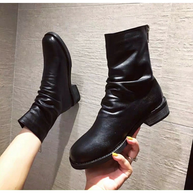 Giày bốt nữ cao cổ da nhăn đế bằng siêu chất