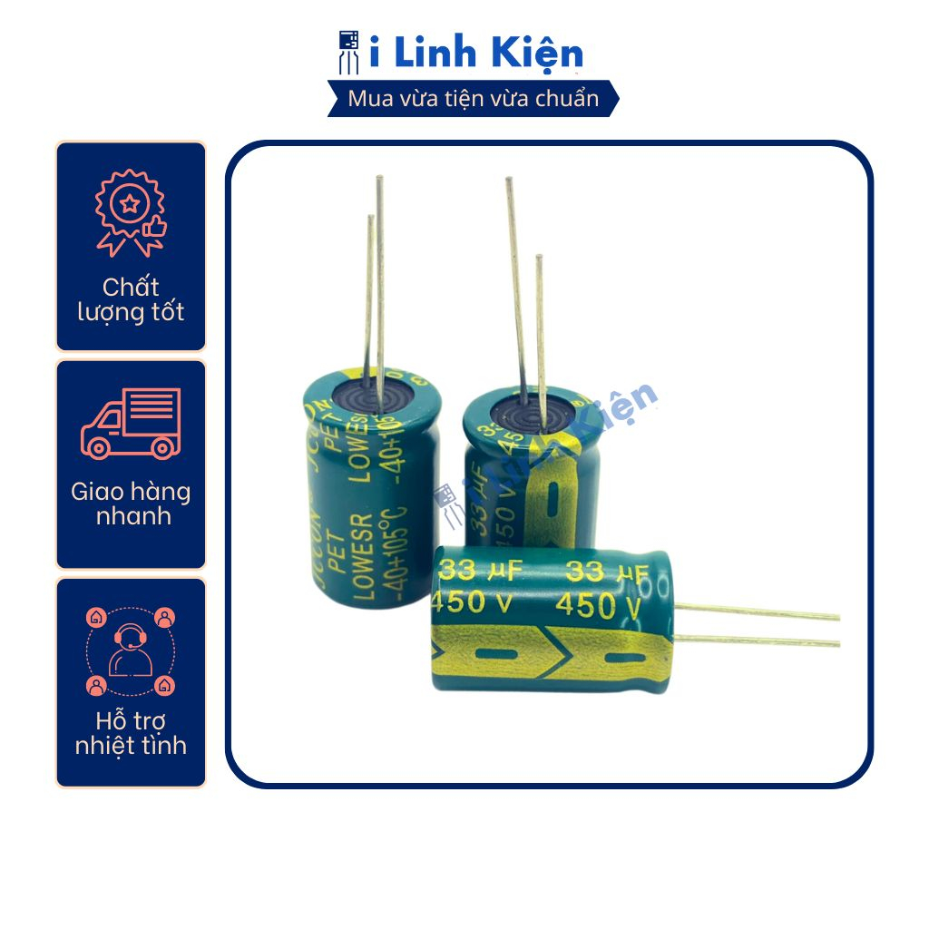Tụ hóa 450v 33uf 16x25mm tần số cao chất lượng tốt.