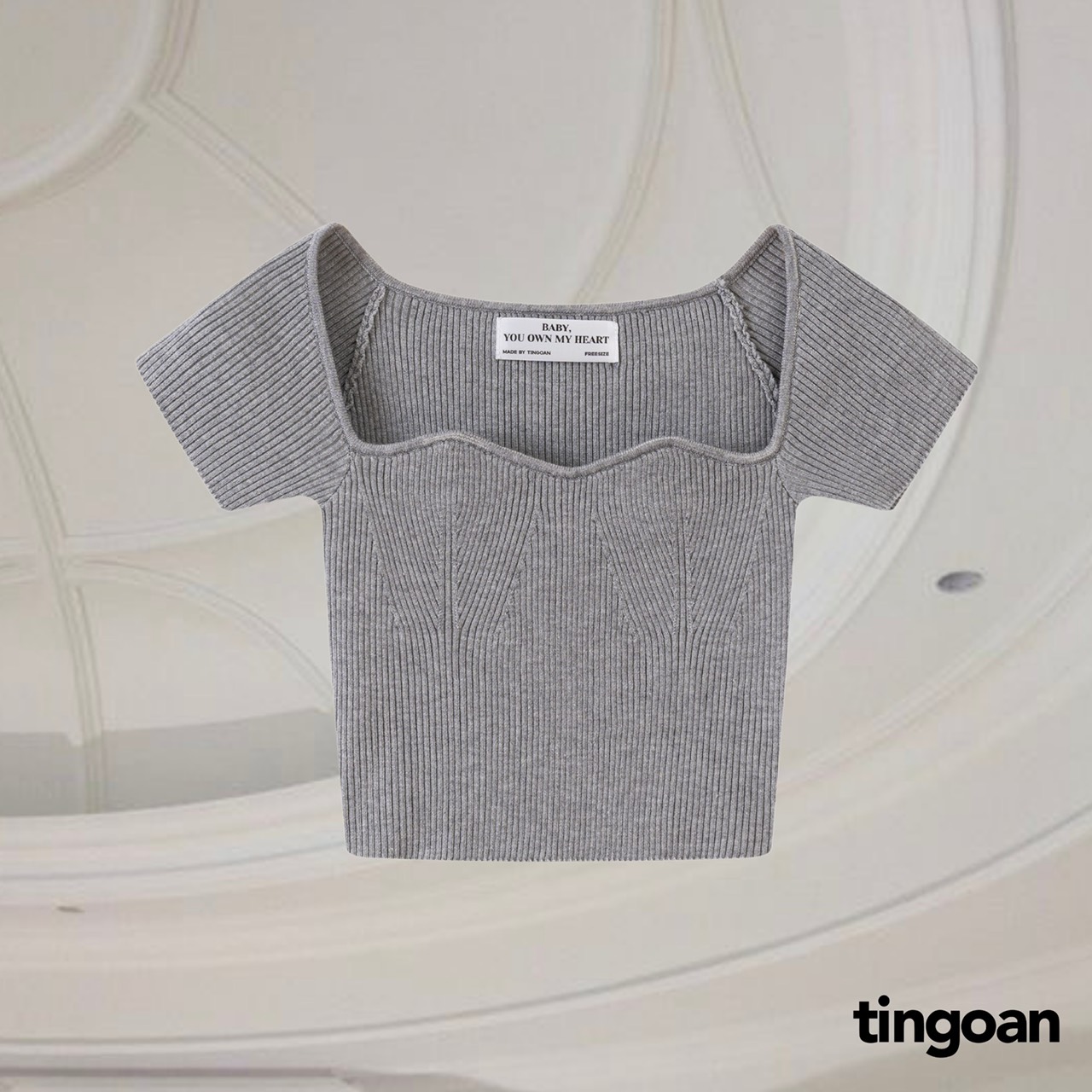 Áo len ngắn tay cổ lượn viền xám tingoan DATE MAKER TOP/GR PHIÊN BẢN MỚI T6.2024