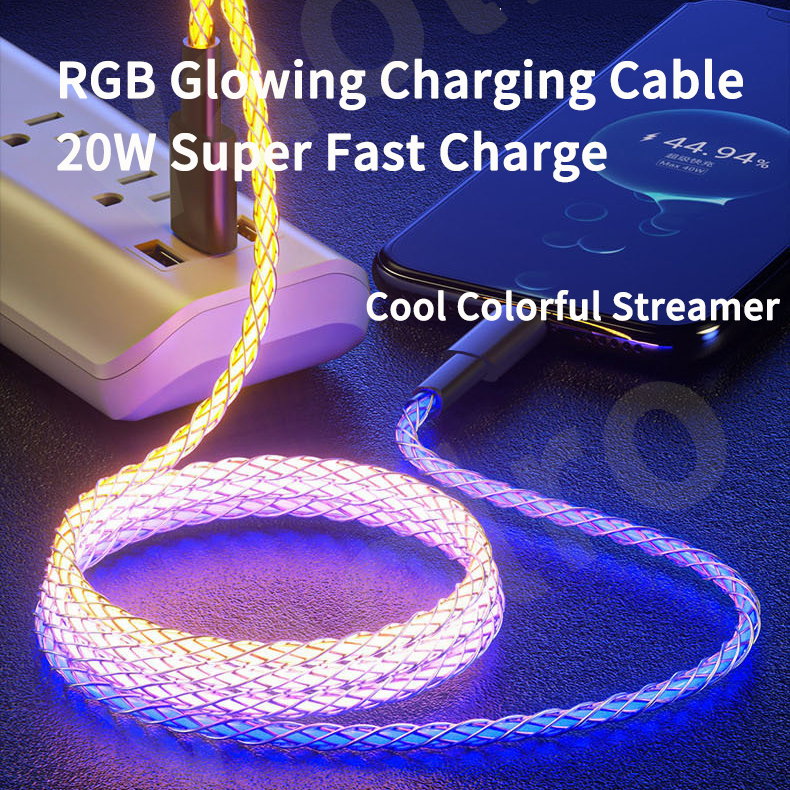 DISOUR NEW 20W Fast Charging Cable RGB Type-C Micro Lightning Flow Luminous Data Cable USB C Micro-USB Ios Fast Charging for i Phone Xiaomi Samsung Huawei Oppo Vivo