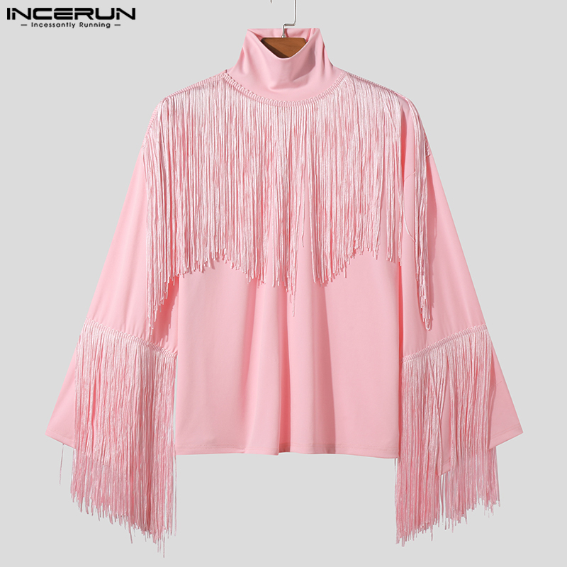 INCERUN Mens Long Sleeve High Neck Personality Party Plain Pullover Tassel Patchwork T-Shirts