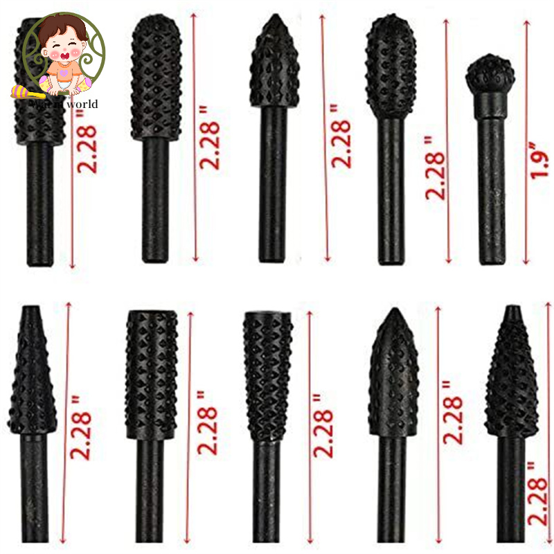 【Ready Stock】10pcs File Drill Bits Set With Spherical, Cylindrical Pointed Drill, Grinder Drill Rasp For Woodworking Carving Tool 1/4" Round Shank Rotary Burr Set