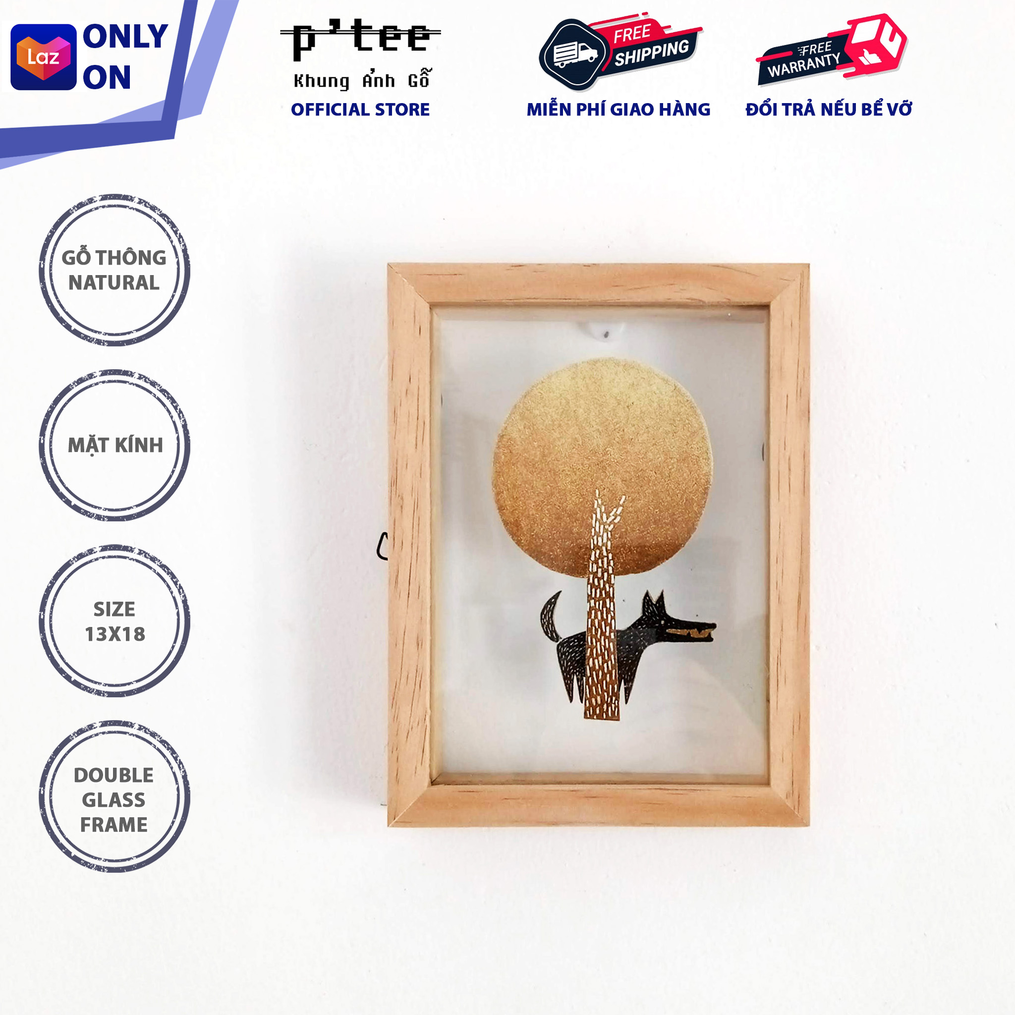 Wooden Photo Frame Double Glass 13x18 - Picture Frame Pinewood and Glass Wall Decoration - Wood Frame by P'Tee