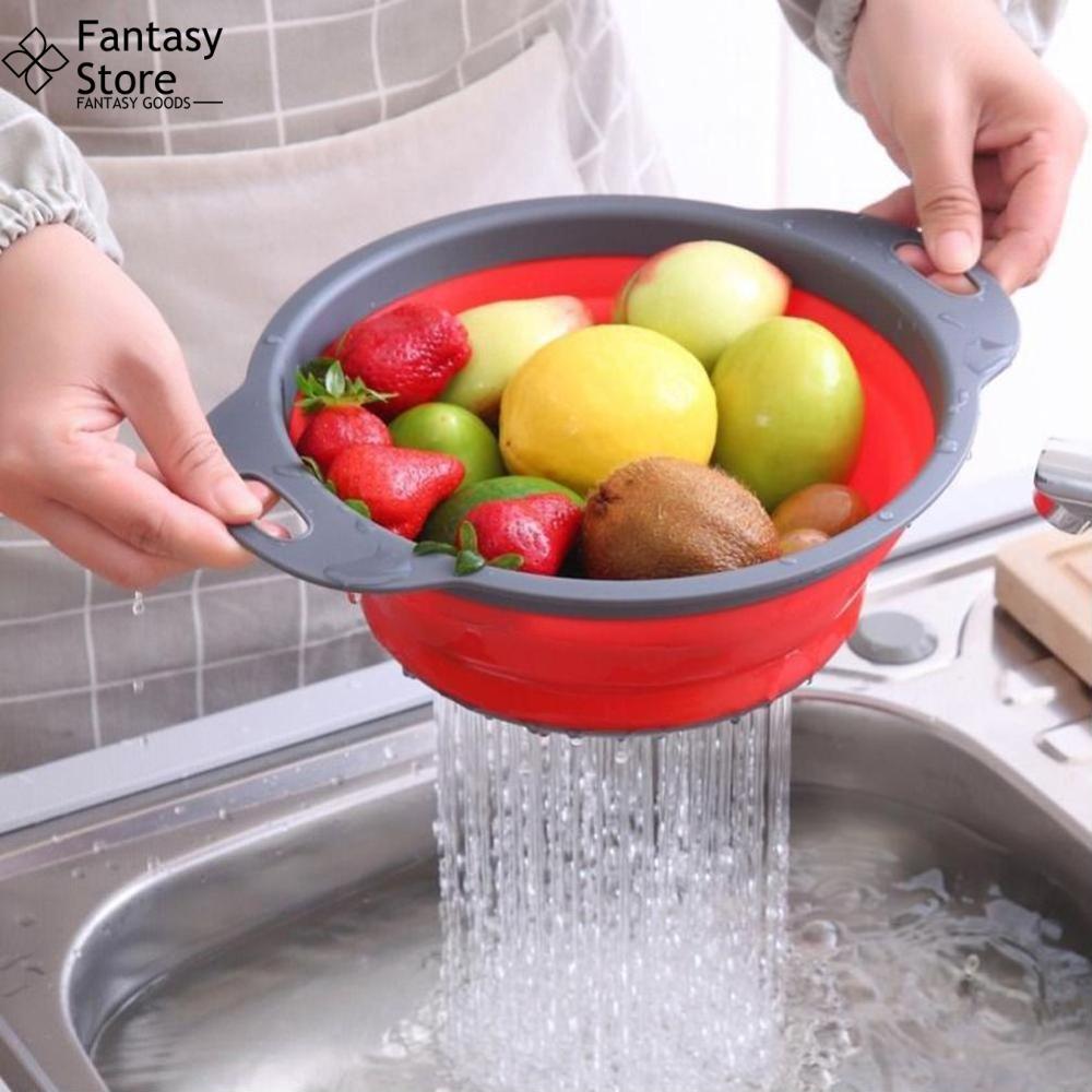 FG Collapsible Colander Silicone Folding Drain Basket Fruit Vegetable Washing Basket Foldable Strainer Kitchen Storage Tool