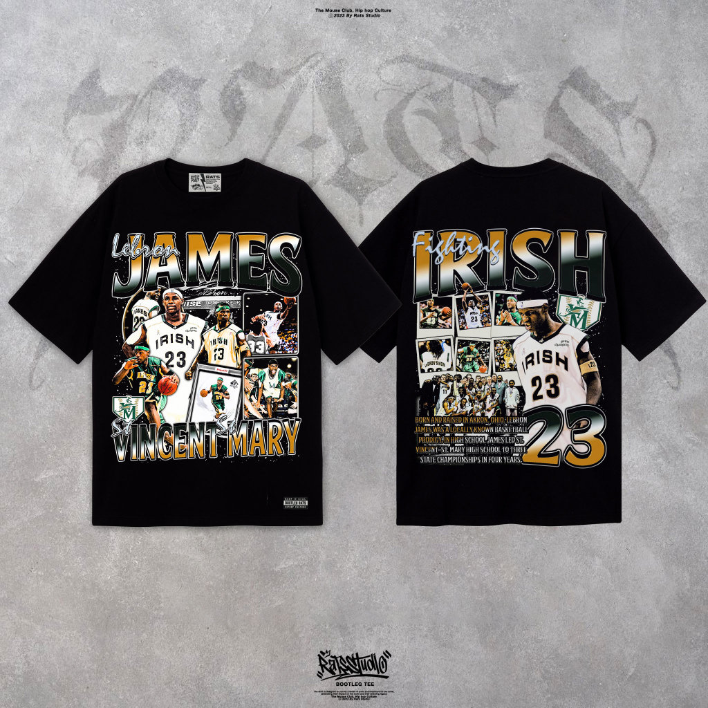 Áo thun bóng rổ Lebron James Irish "23" Bootleg Rats Tee Oversize