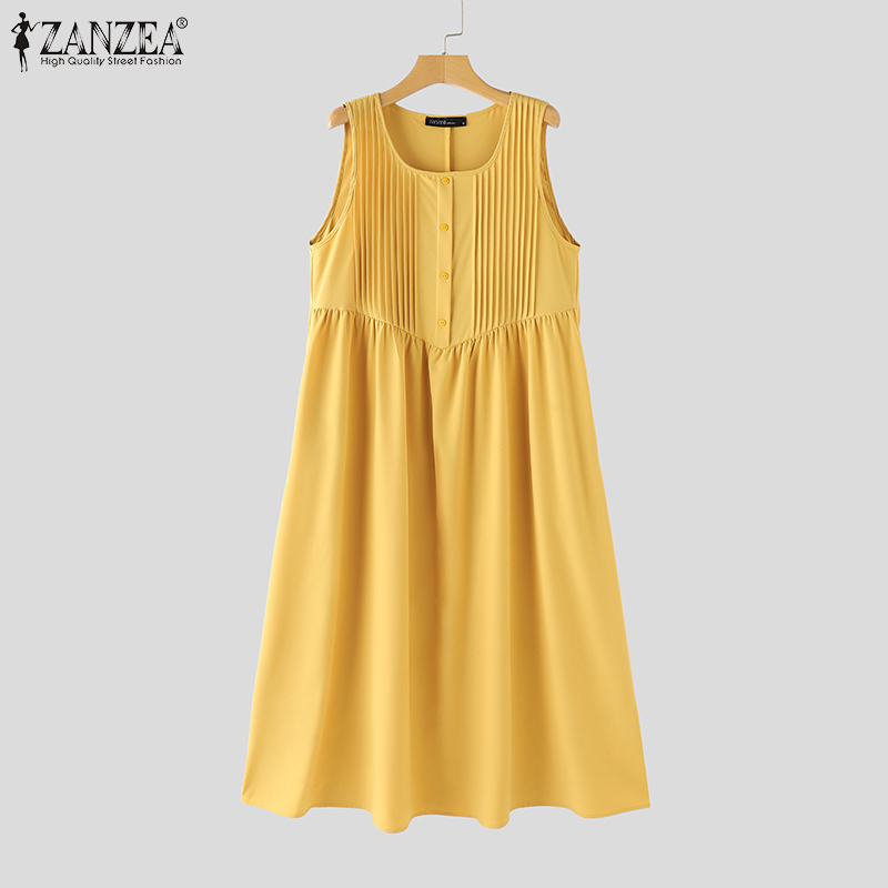 ZANZEA%20Korean%20Style%20Women's%20Dresses%20New%20Fashion%20Sleeveless%20Round%20Neck%20Pleated%20Casual%20A-Line%20Dress%20-%20Image%206