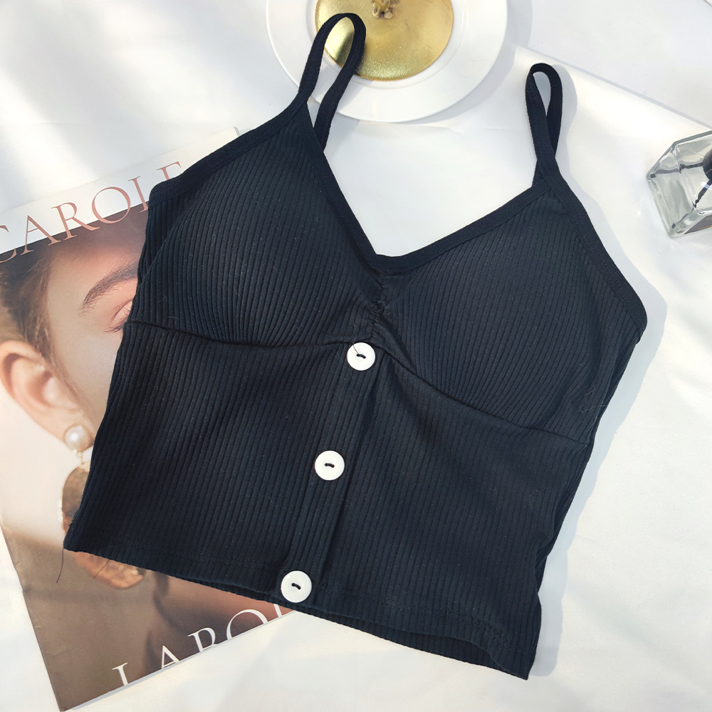 Solid Color Sleeveless Backless Button Camisoles Tank Tops Women Summer Knitted Sling VestSpaghetti Strap Skinny Fit Vests