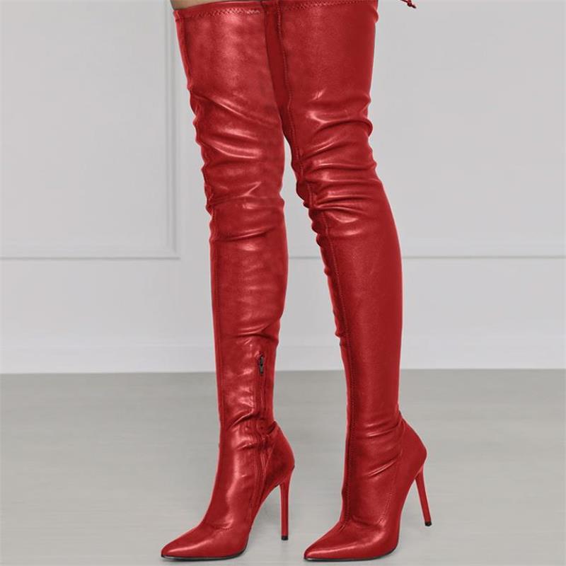 Women's Large Knee Boots 2021 Autumn And Winter Foreign Trade New Pu Pointed Side Zipper High And Thin Heel Fashion Boots