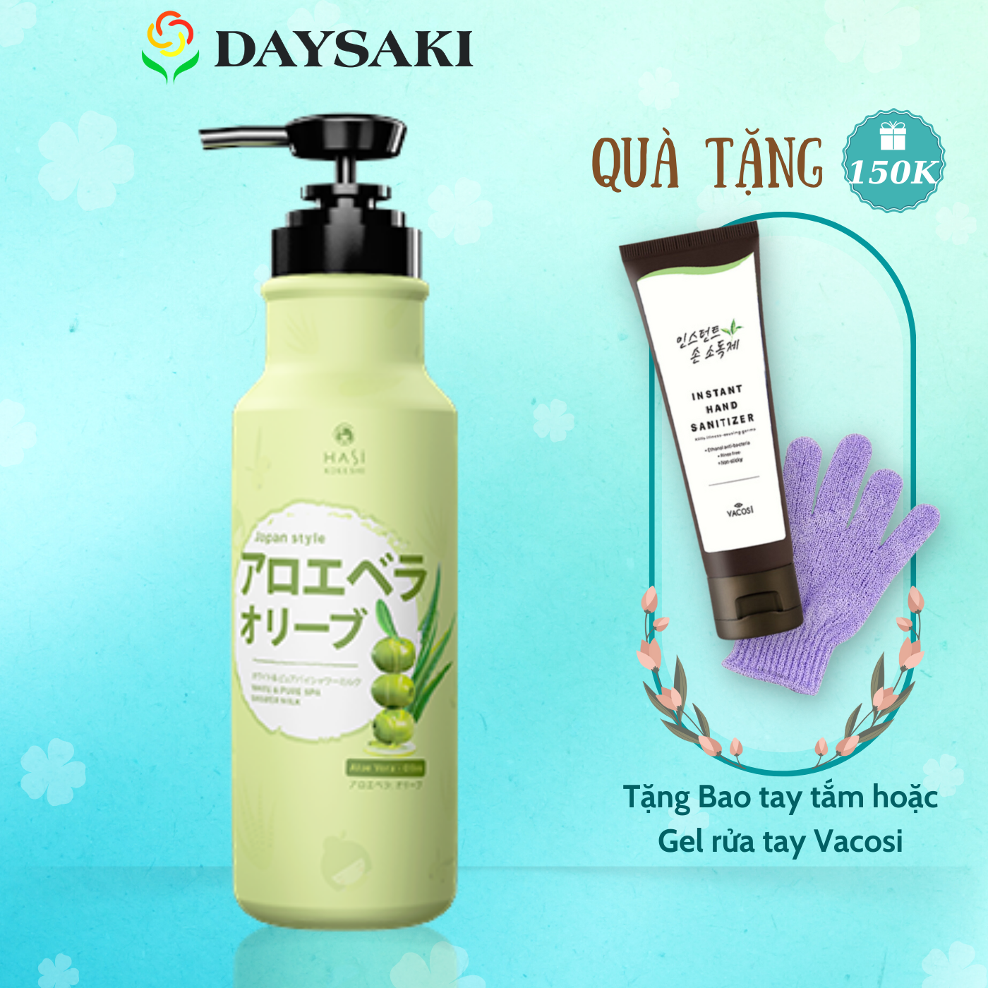 Hasi kokeshi sữa tắm dưỡng ẩm & trắng da chiết xuất nha đam & oliu 950ml