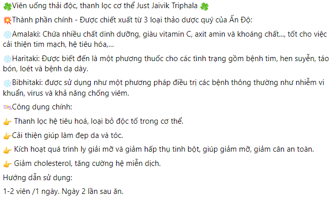 Viên uống thải độc ruột Just Jaivik Triphala