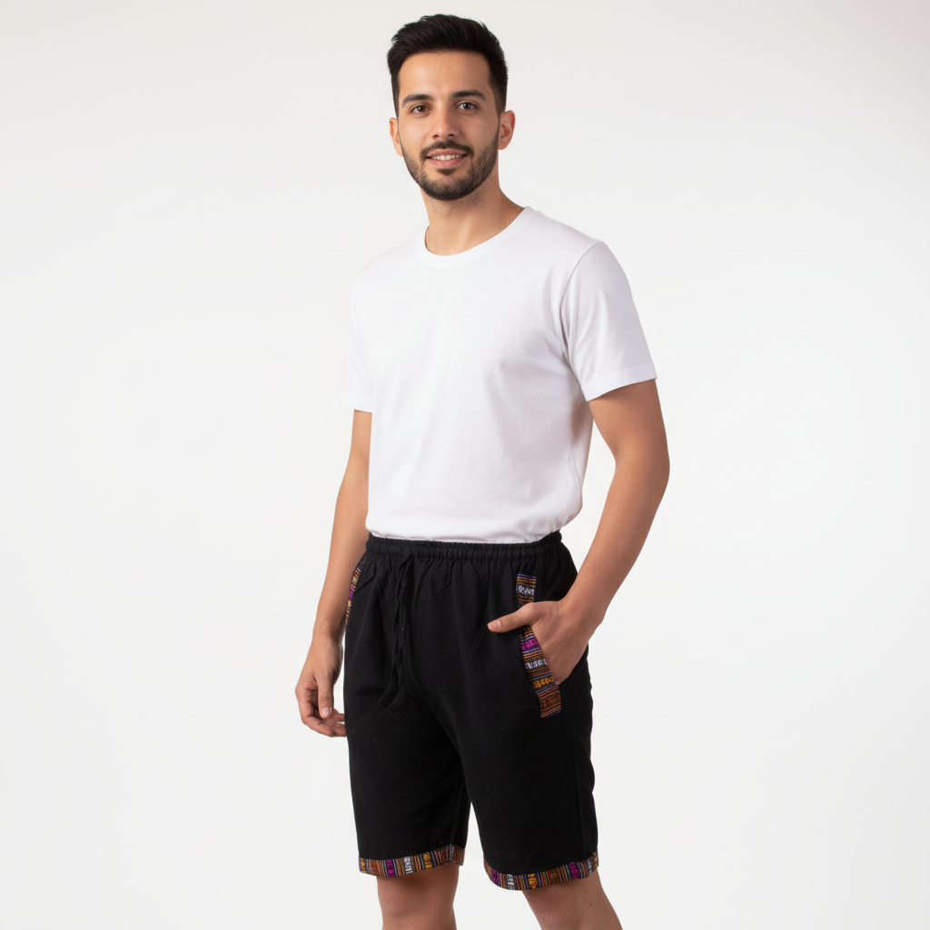 Binay Embroidery Cotton Black Half Pant With Bordered For Men