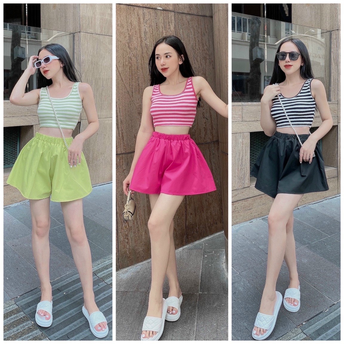 Set bộ nữ áo ba lỗ kẻ sọc quần short váy thời trang siêu tôn dáng