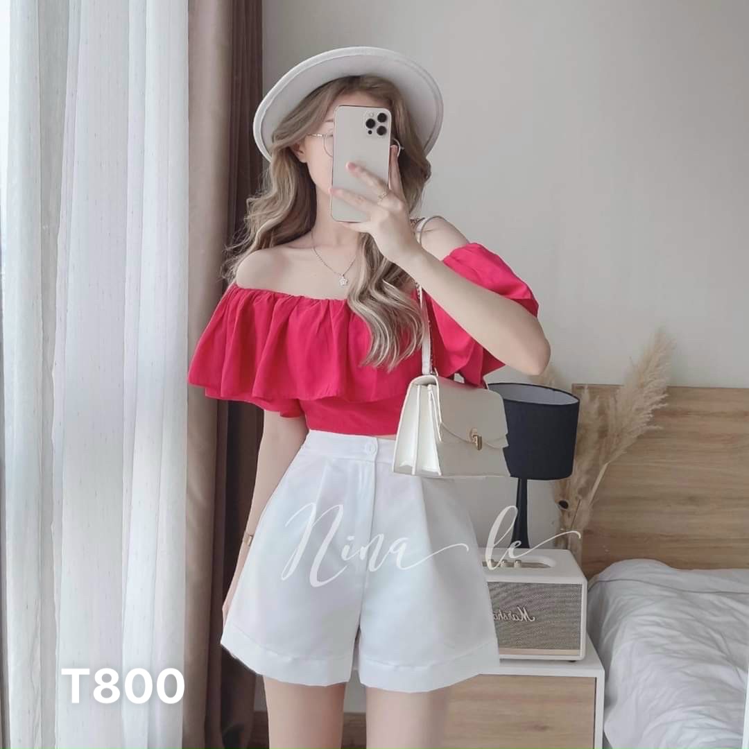 Áo trể vai nữ bèo ngực tay ngắn đũi trơn có khoá kèm quần ngắn nữ cotton lạnh y hình đi chơi T800