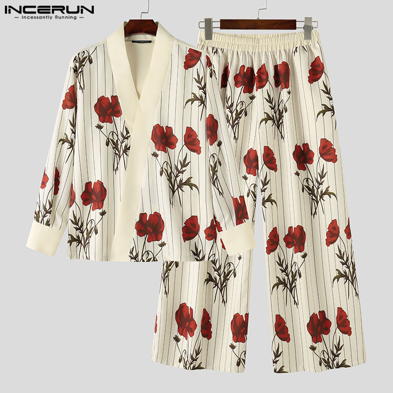 INCERUN Mens Casual Retro Sets Long Sleeve Floral Printed Cross Collar Cardigan Wide Leg Pant Street Stylish Suits