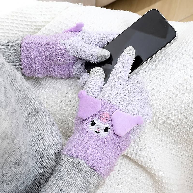 Cute Sanrio Kuromi Melody Gloves Plush Coral Winter Warm Gloves Pochacco Cute Gloves Student Cycling Five-finger Gloves Bayline.