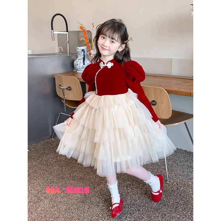 10-30kg váy nhung đỏ chân váy voan tầng
