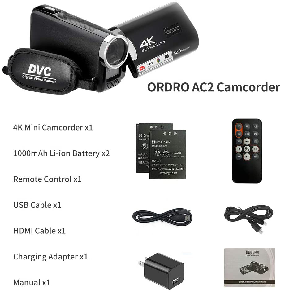 Máy quay video ORDRO Máy quay phim HDR-AC2 Vlog Mini 4K IR Máy ảnh kỹ thuật số nhìn đêm