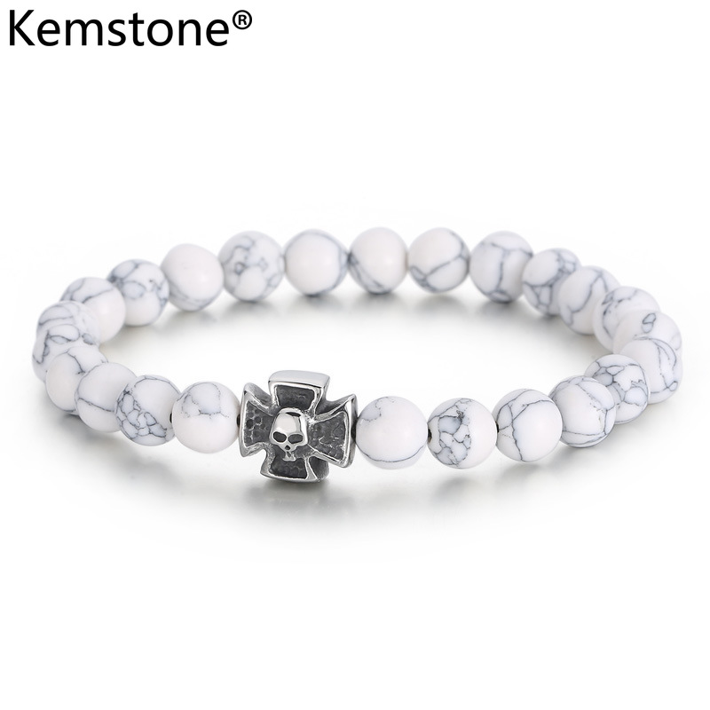 Kemstone Stainless Steel Black Agate Cross Skull Strand Bracelet Male Beads Bracelet Jewelry for Men