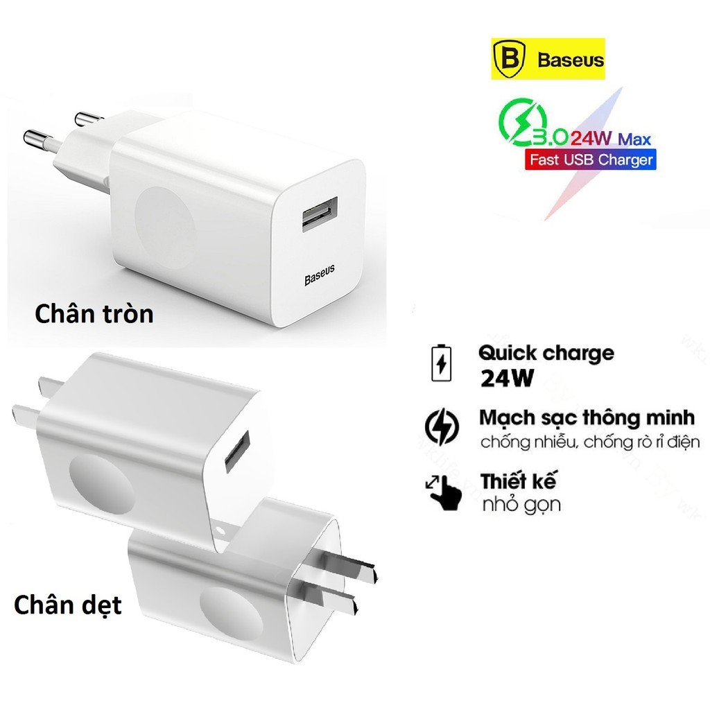 Củ sạc nhanh Baseus Travel Quick Charge 3.0 24W sạc 50% trong 30 phút cho Iphone,Samsung , Xiaomi,Sony,Nokia