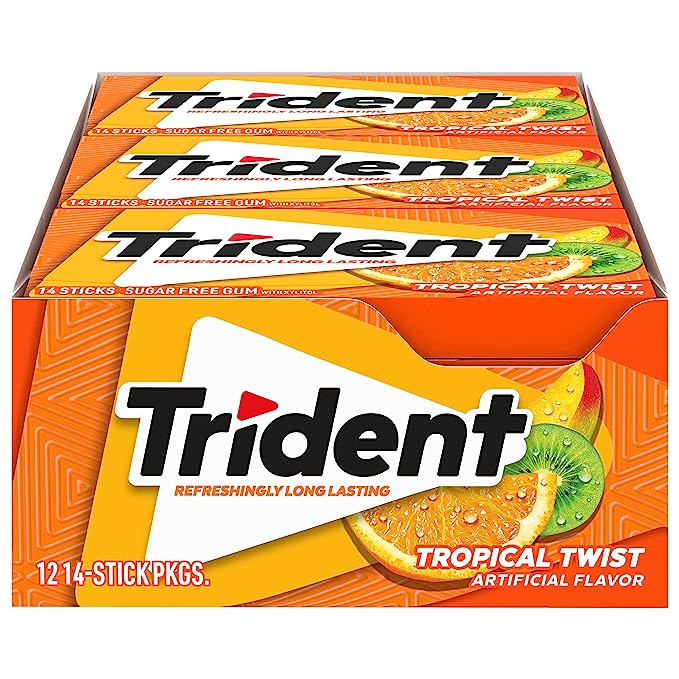 Trident Tropical fruit Flavor Gum, 12 Packs of 14 Pieces (168 Total Pieces). 
