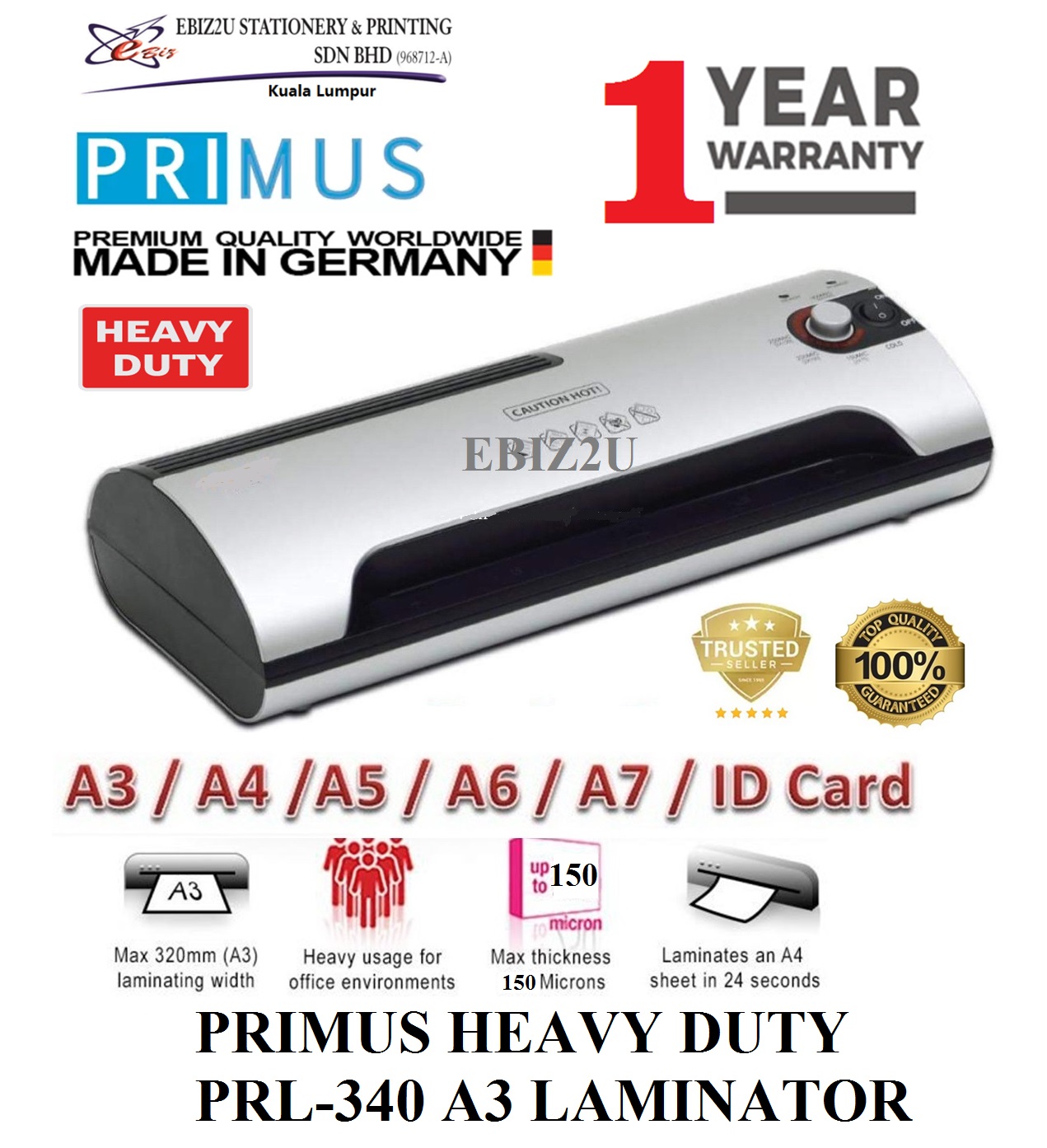 PRIMUS HEAVY DUTY PRL340 A3 LAMINATOR ( 1 YEAR WARRANTY) (A3 Laminator