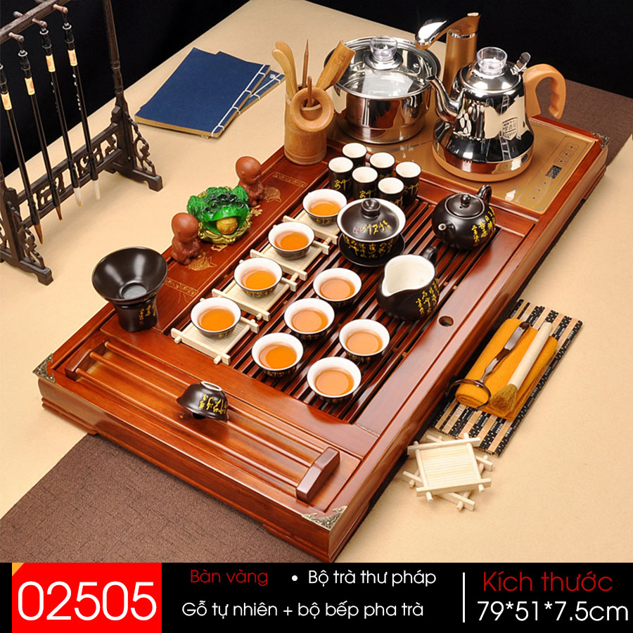Bàn trà điện thông minh đầy đủ phụ kiện gồm khay bàn đen bằng gỗ tự nhiên, bếp đun nước tự động bằng inox cốc chén tử sa đen ( Gồm 45 chi tiết)