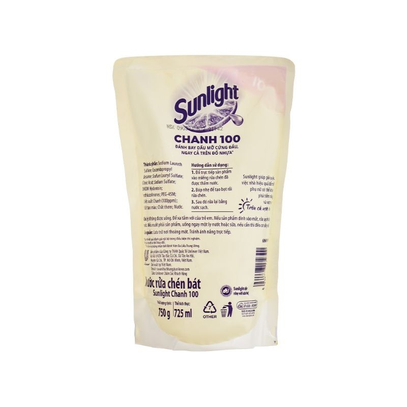 Nước rửa chén Sunlight chiết xuất chanh túi 725ml