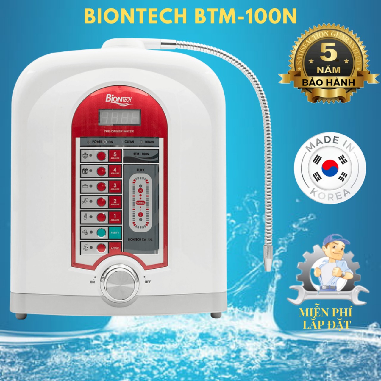 Máy lọc nước ion kiềm biontech btm-100n nhập khẩu hàn quốc, 5 tấm điện cực, bảo hành 5 năm