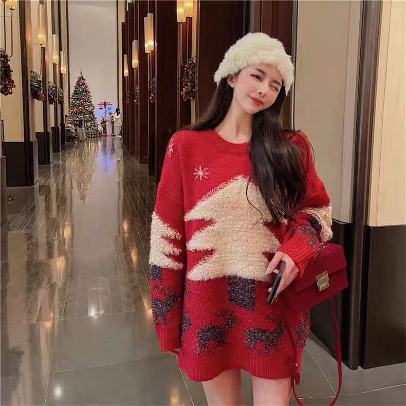 MS1304 Áo len Noel nữ oversize, áo len Giáng sinh cây thông