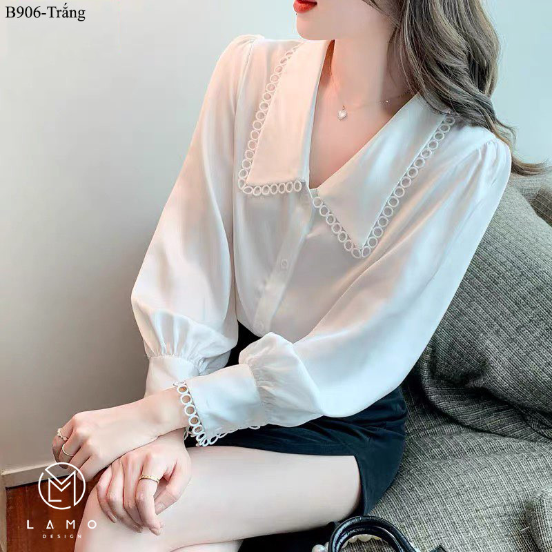 Áo sơ mi công sở nữ lụa ngọc trai phối ren sang trọng _ B906