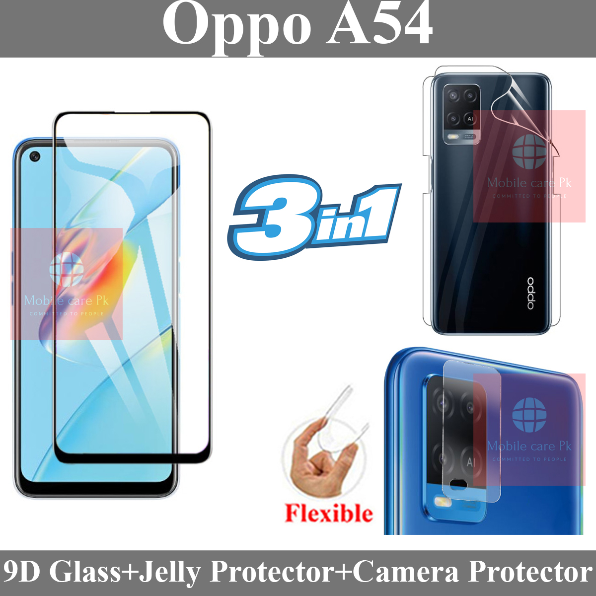 Oppo A54 Tempered Glass 9D Full Edge To Edge + Back Clear Jelly Protector Sheet Hydrogel Protector + Camera Protector Flexible Gorilla Protector 9H For Oppo A54. 