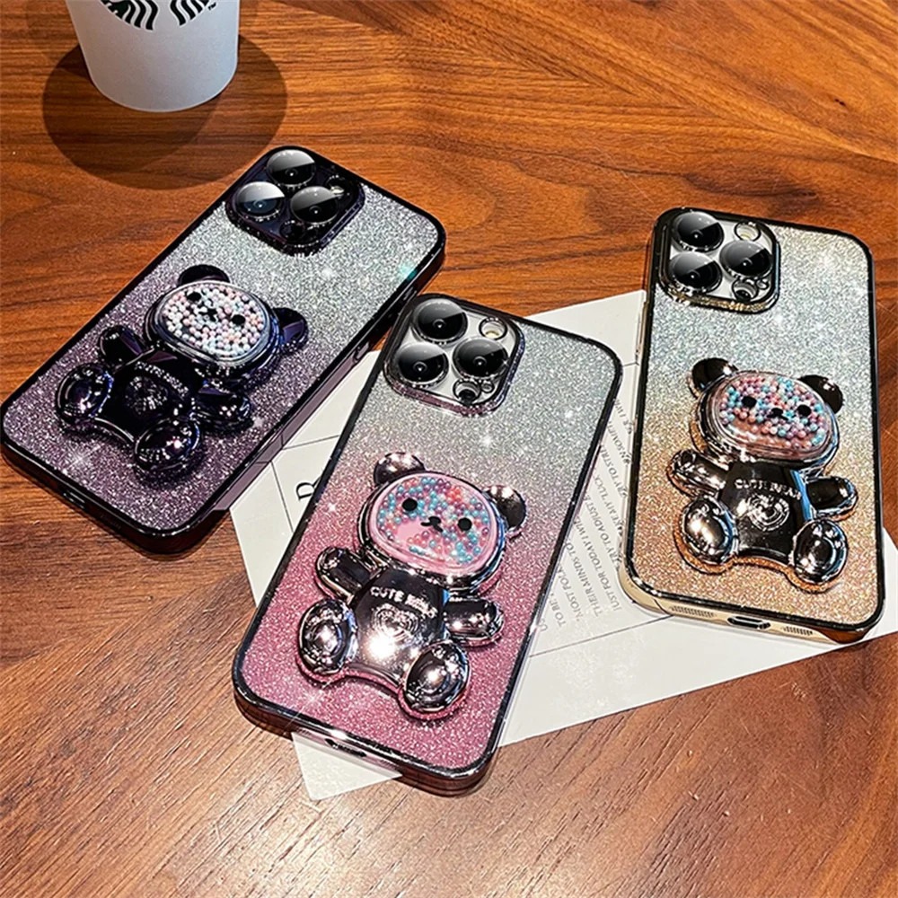 New Phone case Motorola Moto G45 Back cover with Gradient 3D Bear Folding Stand Bracket Luxury Slim 6D Plating Glitter Girls for Motorola G45 case. 