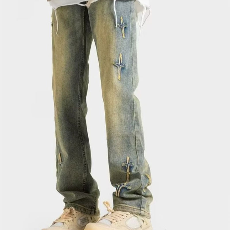 Lansboter Men's American vintage jeans fashionable casual straight-leg pants distressed design sense and versatile trousers