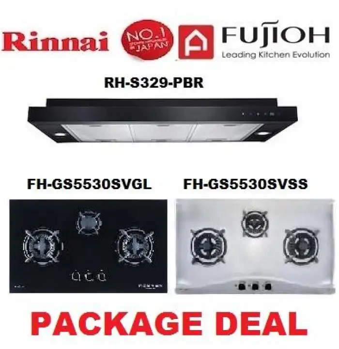 Fujioh 3 burner Gas Hob FH-GS5530SVGL/SVSS and Rinnai Hood RHS329PB Package