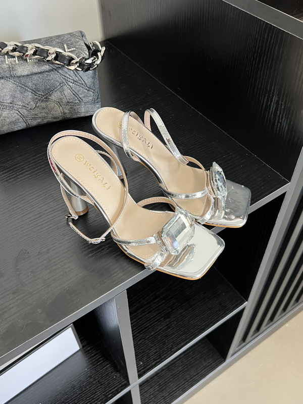 Women's Korean Fashion Rhinestone Square Buckle Open Toe Stiletto Heel High Heel Sandals 10cm