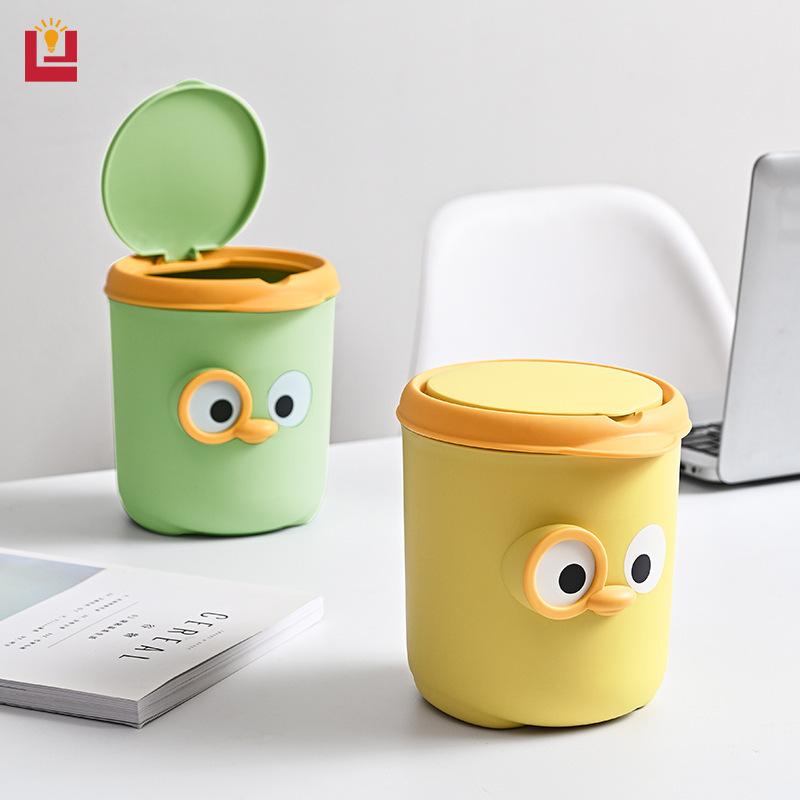 Office desktop trash bin, home bedroom bedside, cute mini with cover, multifunctional storage, large open mouth paper basket