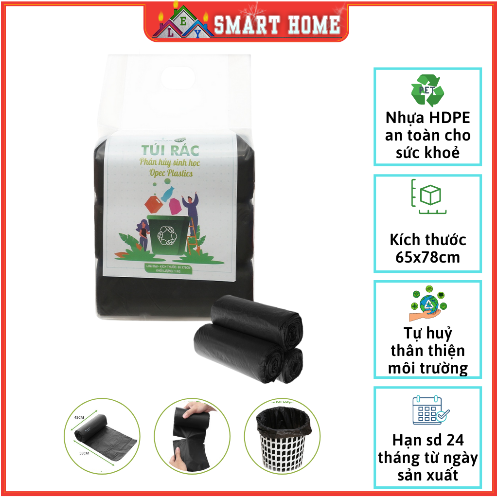 Túi đựng rác, túi đựng rác tự phân huỷ sinh học cỡ đại Loại 3 cuộn 65 x 78 cm - 1kg